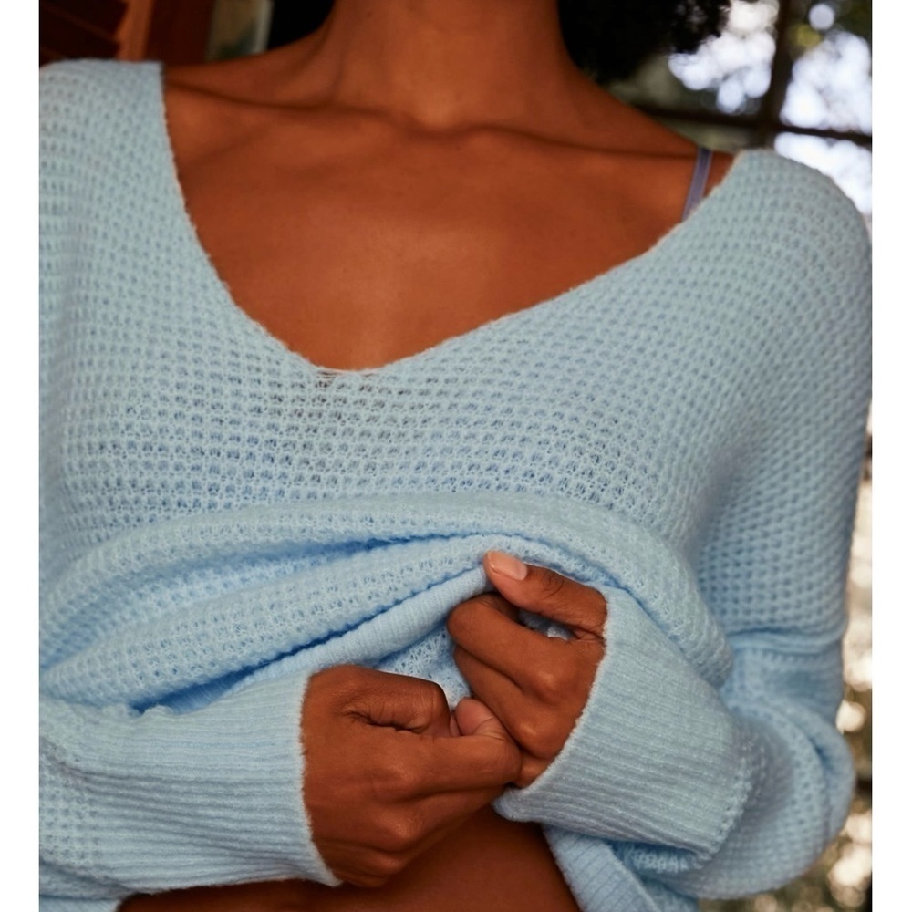 Free People Cozy Pullover Women Sweater Tunic Light Blue Oversized Split Hems - Picture 7 of 13
